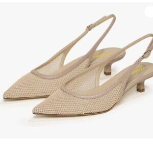 Milooey  Women's Pointed Toe Pumps Low Kitten Heels Slingback Buckled Sandal Tan